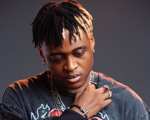 Promotional photo for "Chequemate" which sees Cheque with black dreads but some on his left side are blonde, looking down with his right hand on his chest. He is wearing a grey sweater which is slightly lighter than the grey background.