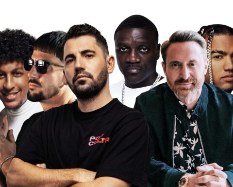 Photoshopped image for promotion of "She Knows" which sees cut-outs of Dimitri Vegas & Like Mike, David Guetta, Akon, and Afro Bros, all overlaying one another so it looks like a group photo. Dimitri Vegas, Like Mike, and David Guetta are at the front, while Akon and Afro Bros are at the back.