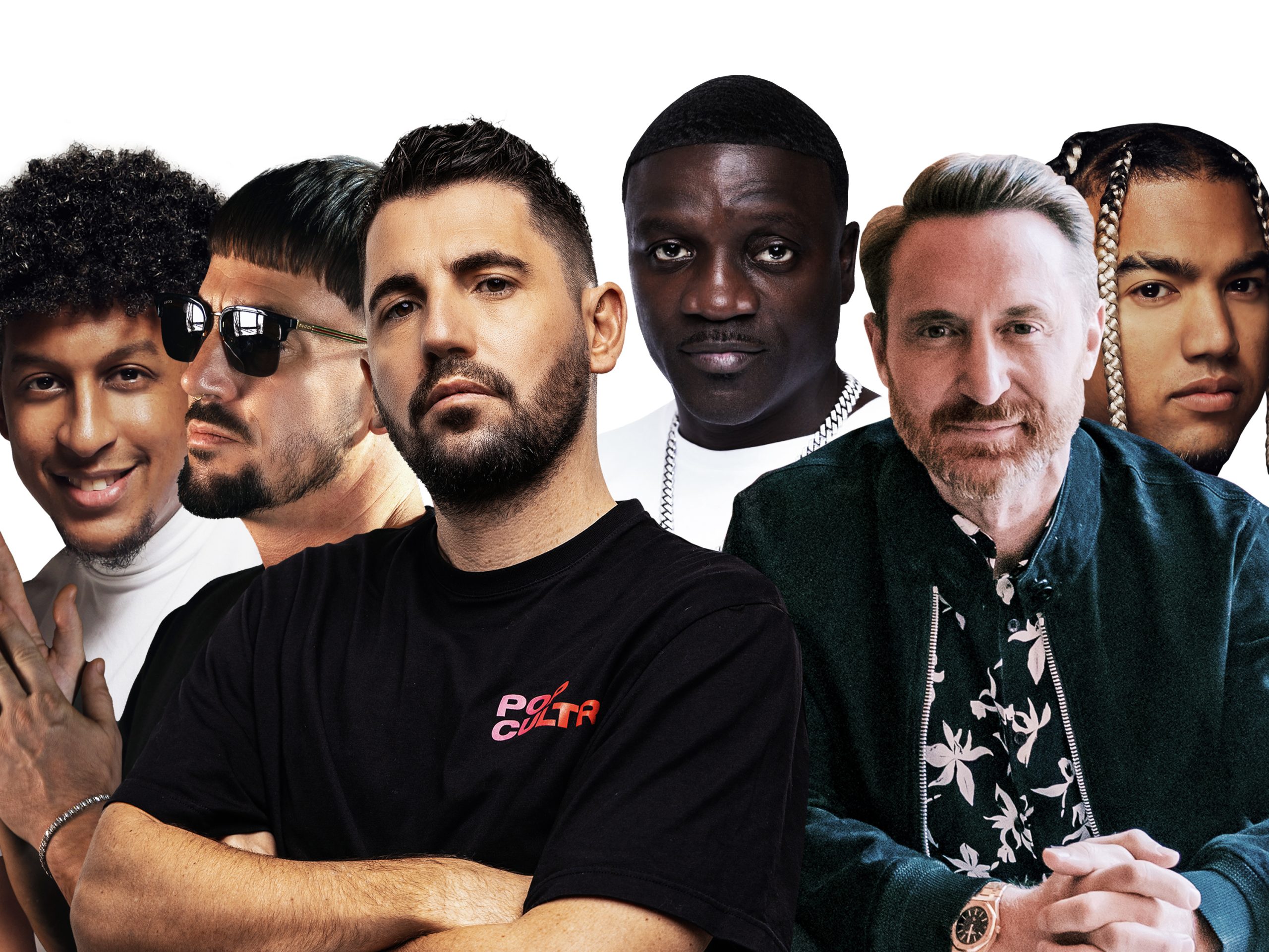 Photoshopped image for promotion of "She Knows" which sees cut-outs of Dimitri Vegas & Like Mike, David Guetta, Akon, and Afro Bros, all overlaying one another so it looks like a group photo. Dimitri Vegas, Like Mike, and David Guetta are at the front, while Akon and Afro Bros are at the back.