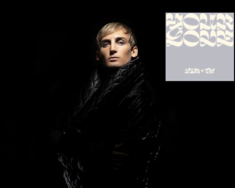 Promotional photo for "Your Love" in collaboration with Sofiya Nzau which sees PLS&TY with his blonde hair, wrapped up in a black puffer coat which matches the background behind him. In the top left corner the single cover artwork is photoshopped into the image, overlaying it. The artwork is lilac with the words of the song and the artists names in squiggly letters.
