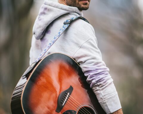 Promotional photo for "Awol" which sees Rob Roth wearing blue jeans and a grey hoodie with a matching snapback cap, looking over his shoulder at the camera with his guitar strap slung over one shoulder with the guitar held against him.