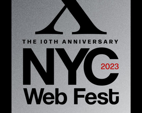 Official logo of the tenth annual NYC Web Fest of 2023, which has the NYC skyline at the bottom in black, with a grey background that has the letter "X" at the top in a huge font size, with the words "The Tenth Anniversary" underneath and then the words "NYC Web Fest 2023" in big lettering under that.