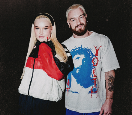 Promotional photo for "Drums" which sees James Hype posing for a photo with Kim Petras.
